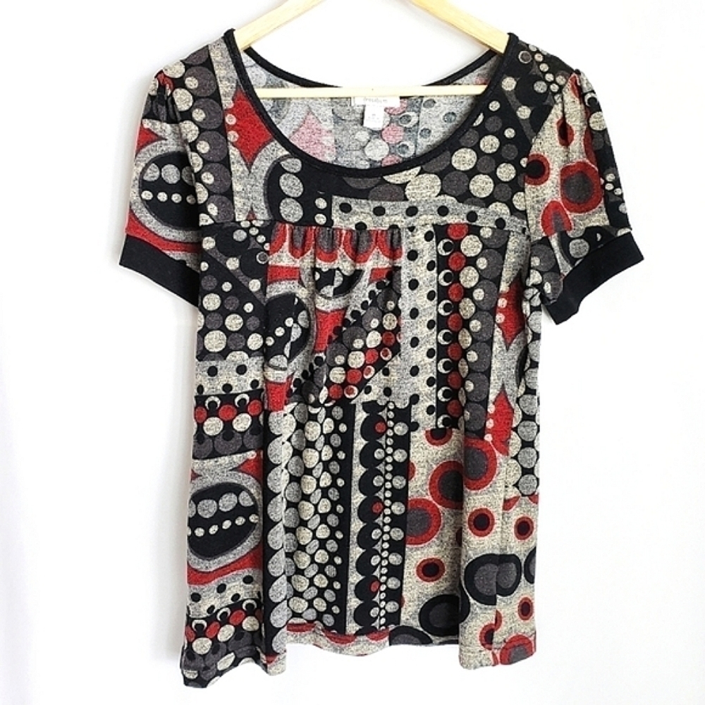 Dress Barn Short Sleeve Top Knit Polka Dot Geometric Babydoll Blouse Medium